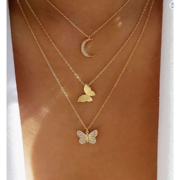Butterfly and Moon Gold Crystal Triple Chain Layered Choker Necklace - Picture 1 of 3